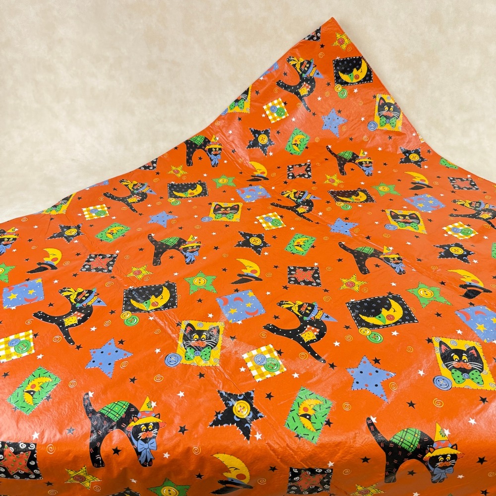 Halloween Vinyl/Flannel Backed Tablecloth Orange Black Cat Moon Stars  86"x 51"‎